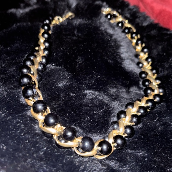 Monet 1980s  Double Black Glass  Bead Gold Wired Loops Collar Necklace - Picture 8 of 13